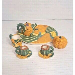 Young’s Inc Mini Pumpkin Tea Set Fall Ceramic Cups Teapot Plate Cream Sugar Jar